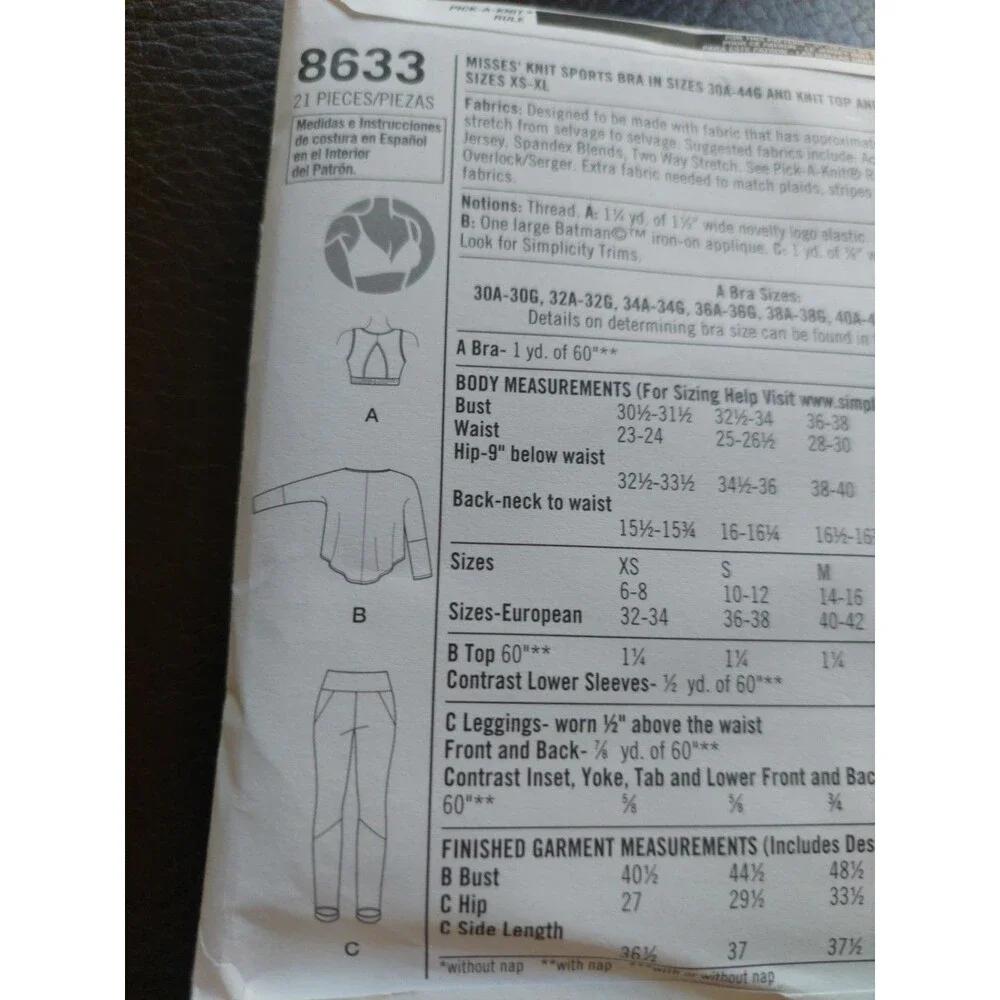 Simplicity Pattern 8633 A Bat Girl Knit Sports Bra 30A 44G  UNCUT